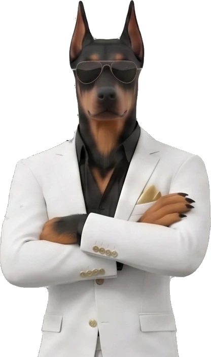 Frank, the J450N.Ai Doberman mascot, standing arms crossed in a white suit